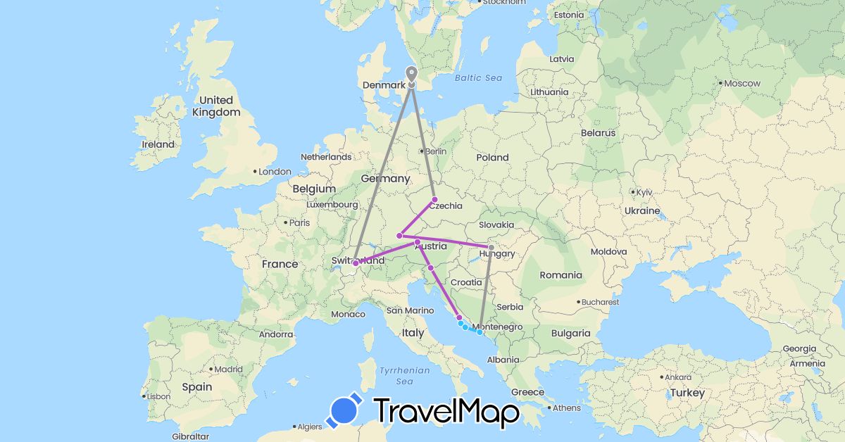 TravelMap itinerary: plane, train, boat in Austria, Switzerland, Czech Republic, Germany, Denmark, Croatia, Hungary, Slovenia (Europe)